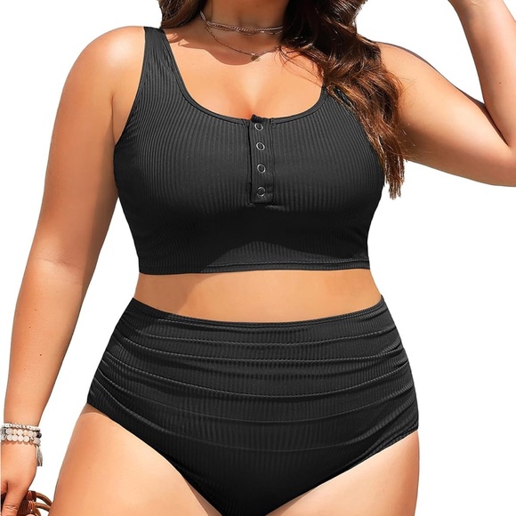 Black Ribbed Two-Piece Swimsuit - Picture 1 of 8